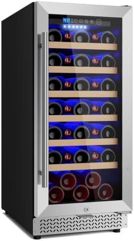 15 Inch Wine Fridge, 35 Bottles Wine Fridge Small with Glass Door Built-in or Freestanding, Wine Cooler Refrigerator Compressor Quick Cooling&Low Noise-Kitchen Bar Office by Vushine