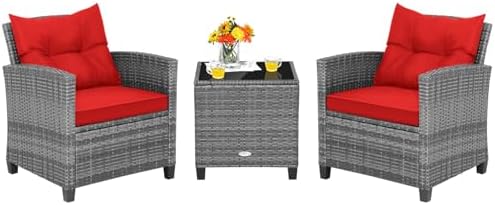 Tangkula 3 Pieces Patio Furniture Set, Outdoor PE Rattan Conversation Chair Set with Tempered Glass Side Table and Removable Cushions, PE Wicker Chairs and Table Set for Porch, Balcony and Garden by TANGKULA