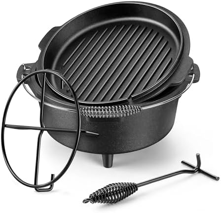 HaSteeL 7 QT Cast Iron Dutch Oven Pot with Lid Lifter & Camping Rack by HaSteeL