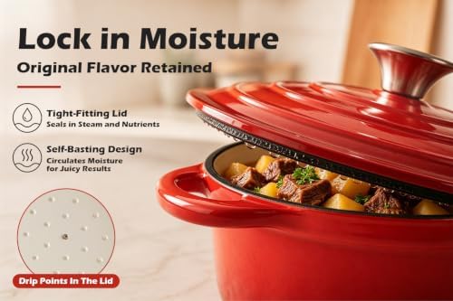 Leonyo 3-Quart Small Enameled Cast Iron Dutch Oven Pot with Lid, Red - Image 4