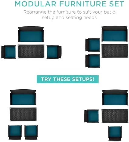 Best Choice Products 4-Piece Outdoor Wicker Patio Conversation Furniture Set for Backyard w/Coffee Table, Seat Cushions - Black/Peacock - Image 2