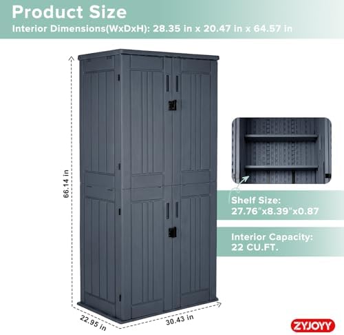 ZYJOYY Outdoor Storage Cabinet with 4 Shelves, 31.5" x 23.23" x 66.22" Grey Waterproof Resin Vertical Tool Shed, Lockable 30 cu.ft. Storage Shed for Patio, Garden, Yard - Image 2