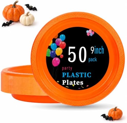 WELLIFE Orange Plastic Plates 9 Inch 50 Count Halloween Plates by WELLIFE