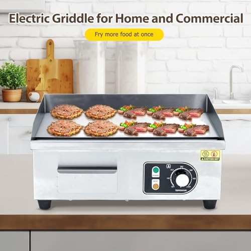 18" 1500W Stainless Steel Electric Griddle, Commercial Countertop Flat Top Grill with Adjustable 122–572°f Thermostat, Includes 2 Spatulas & Cleaning Brushes, Plug-in Grill for Indoor/Outdoor Cooking - Image 4