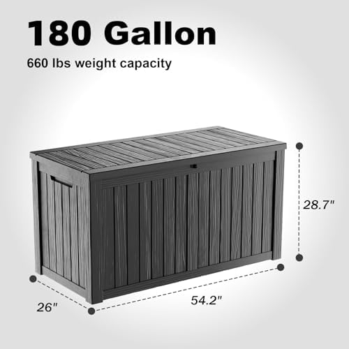 ROJIK 180 Gallon Outdoor Storage Box Waterproof-Patio Furniture Resin Deck Box, Garden Tools, Cushions, Pool Accessories Storage Bench with Lockable Lid and Side Handles (Black, 180 Gal) - Image 2