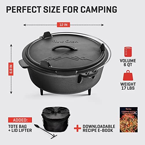 Uno Casa 6 Qt Cast Iron Dutch Oven for Camping | Skillet Lid, Lifter, Tote - Image 4