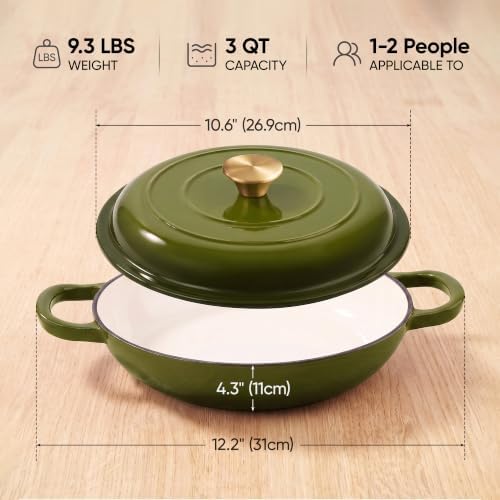 Dutch Oven Enameled Cast Iron with Lid - Big Dual Handles - Oven Safe up to 500°F - Classic Round Pot for Versatile Cooking 3 QT Shallow Pot Golden Green - Image 2