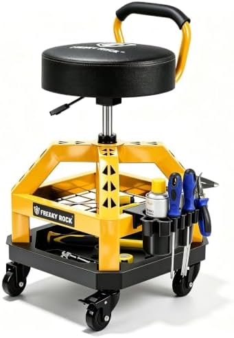 Rolling Shop Stool with Wheels, Heavy Duty Garage Work Mechanic Stool with Backrest, Adjustable Height 360°Swivel Rolling Chair with Tool Tray Storage, 330 LBS Capacity, Yellow by FREEKYROCK