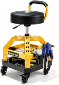 Rolling Shop Stool with Wheels, Heavy Duty Garage Work Mechanic Stool with Backrest, Adjustable Height 360°Swivel Rolling Chair with Tool Tray Storage, 330 LBS Capacity, Yellow by FREEKYROCK