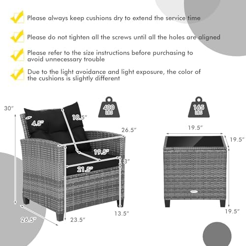Tangkula 3 Pieces Patio Furniture Set, Outdoor PE Rattan Conversation Chair Set with Tempered Glass Side Table and Removable Cushions, PE Wicker Chairs and Table Set for Porch, Balcony and Garden - Image 5