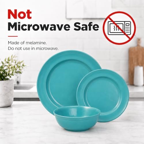 TP 18-Piece Dinnerware Set, Melamine Dishes Set with Bowls and Plates, Service for 6, Non-breakable Lightweight Dining Tableware, Teal - Image 2