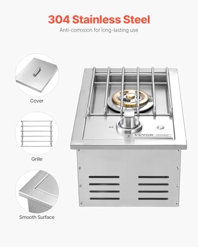 VEVOR Single Grilling Side Burner, 17,000BTU Liquid Propane Side Burner for Outdoor Kitchen, Convertible to Natural Gas, 304 Stainless Steel Built-in Single Grill Burners with LED for BBQ Grill Island - Image 5