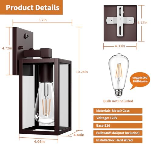 2 Pack Oil Rubbed Bronze Dusk to Dawn Outdoor Lantern Lamp Wall Mount, Sensor Exterior Lighting Fixtures, Outside Porch Lights for House, Waterproof Wall Sconce Lights, Coach Light for Garage Entryway - Image 6