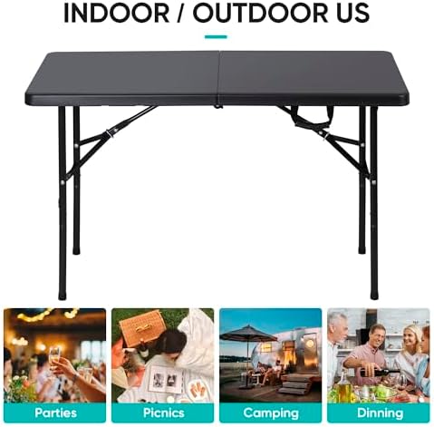 SUPER DEAL Portable 4 Foot Plastic Folding Table, Indoor Outdoor Heavy Duty Fold-in-Half Picnic Party Camping Barbecues Table with Carrying Handle, Black - Image 4