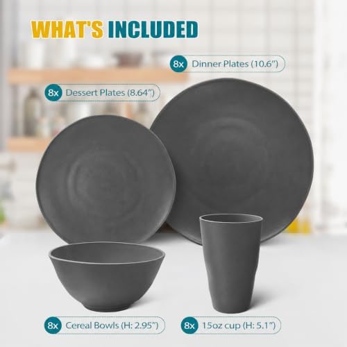 Teivio 32-Piece Plates and Bowls Sets for 8, Irregular Gray Dinnerware Sets - Image 2