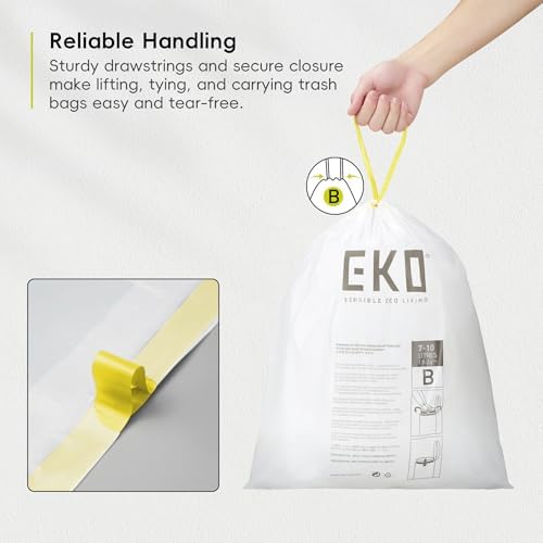 EKO 2.6 Gallon / 7-10 Liter, 80 Count Small Drawstring Trash Bags, Extra-Strong Unscented Garbage Bags, Easy-Dispense Roll for Kitchen & Household Use, Resists Tears, Leaks and Punctures, Code B White - Image 4