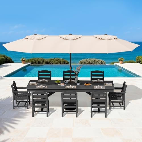 SERWALL 9Pcs HDPE Outdoor Dining Set w/6 Armless, 2 Armchairs for 8,Black - Image 6