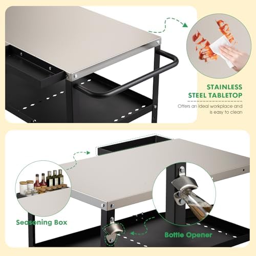 Outdoor Grill Cart Table, Pizza Oven Stand with Casters, Silver - Image 2