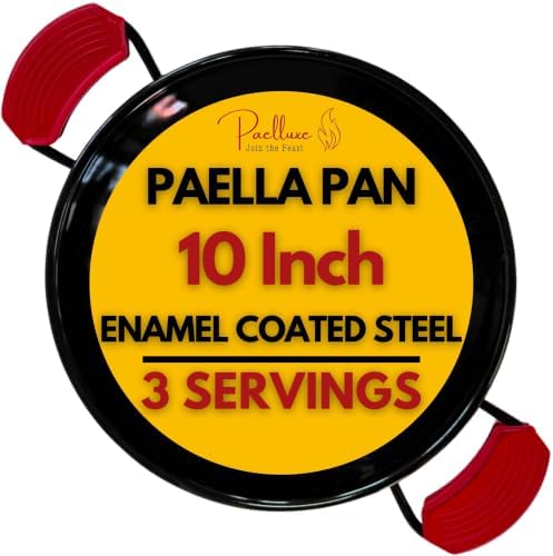 Paelluxe Paella Pan – Enamelled, No-Rust Steel Skillet – Easy-to-Clean Pan for Propane & Gas Burners – Indoor & Outdoor Cooking Cacerola Paellera Sarten – 10 Inch, for 3 Servings by Paelluxe
