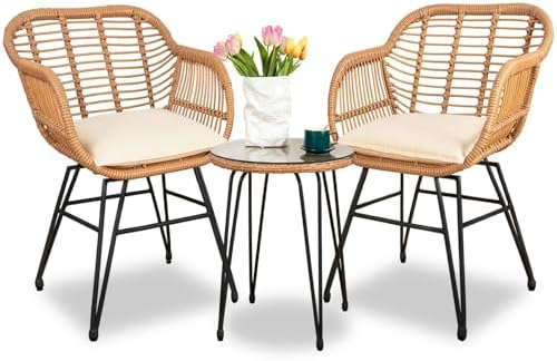 3 Piece Outdoor Wicker Furniture Bistro Set, Rattan Chairs Conversation Sets Wicker Patio Furniture for Balcony Poolside Backyard, Beige - Image 2