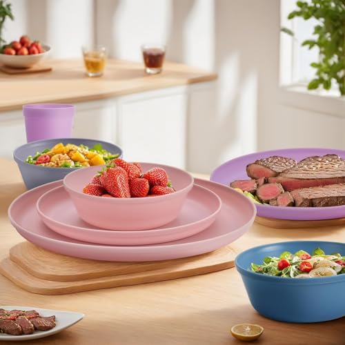 40 Piece Plastic Dinnerware Set for 8 with Cutlery, Unbreakable Plates and Bowls Set, Dishwasher & Microwave Safe Reusable Dish Set for Camping, RV, Outdoor Kitchen, Apartment Dining,Pastel Multicolo - Image 7