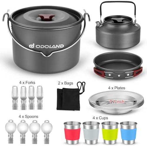Odoland 22pcs Camping Cookware Mess Kit, Large Size Hanging Pot Pan Kettle with Base Cook Set for 4, Cups Dishes Forks Spoons Kit for Outdoor Camping Hiking Picnic - Image 2