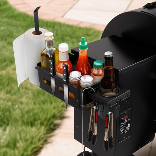 Goldusk Storage Bin for Traeger Grills with Paper Towel Holder and Drink Holder Accessories Outdoor Grill for Traeger Ironwood 650/885, PRO 575/780/34/22, for Pit boss, for Z-Grills Smoker Accessories by Goldusk