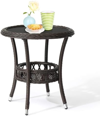 VINGLI Outdoor Wicker Side Table, Patio Side Tables for Outside Tempered Glass Top Wicker Table with Storage End Table for Balcony Porch Deck (Dark Brown) by VINGLI