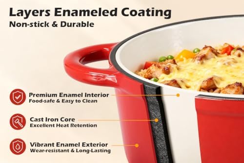 Leonyo 2-Quart Small Enameled Cast Iron Dutch Oven Pot with Lid, Red - Image 3