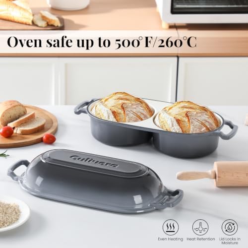Cast Iron Double Dutch Oven, Mini Enamel Sourdough Bread Pan with Lid, Grey - Image 4