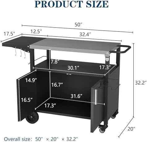JY QAQA Outdoor Grill Cart with Storage,Patio Kitchen Island Outdoor Grill Table with Wheels,BBQ Cart Movable Pizza Oven Table Stand, Storage Cabinet, Foldable Tabletop, (Black) - Image 2