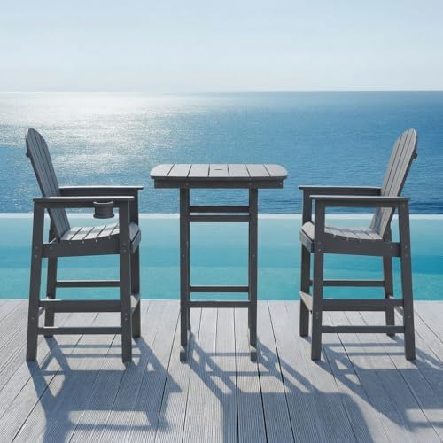3-Piece HDPE Bar Height Table and Chairs Set, 42.1" Square High Top Pub Table with Umbrella Hole, 2 Adirondack Charis with Cup Holders, Outdoor Patio Dining Set for Bistro Backyard Deck Gray - Image 3