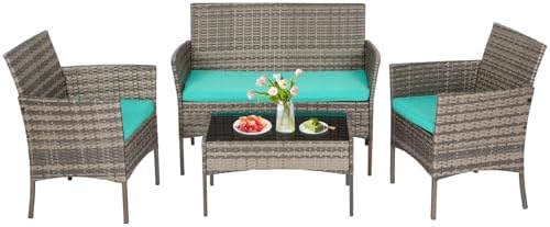 FDW 4-Piece Patio Furniture Set | Gray & Blue | Outdoor Wicker Furniture by FDW