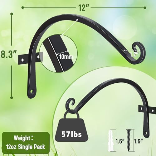 FEED GARDEN Heavy Duty Plant Hooks - 2 Pack 12 Inch Wall Mounted Hanging Brackets, 57lb Capacity Steel Plant Hangers for Bird Feeders, Baskets, Wind Chimes Outdoor Indoor- Black - Image 2