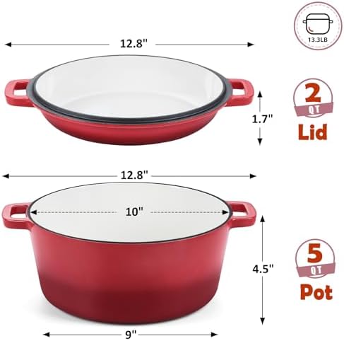 TeamFar 5qt Dutch Oven, Pre-seasoned Cast Iron for Bread Baking, Red - Image 2