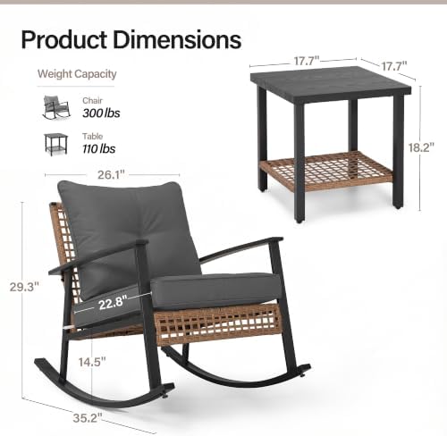 LAUSAINT HOME 3-Piece Rocking Bistro Set, Outdoor Patio Furniture with Thick Cushions and 2-Tier Coffee Table, Oversize Rattan Conversation Set for Garden, Balcony, Backyard (Grey) - Image 3