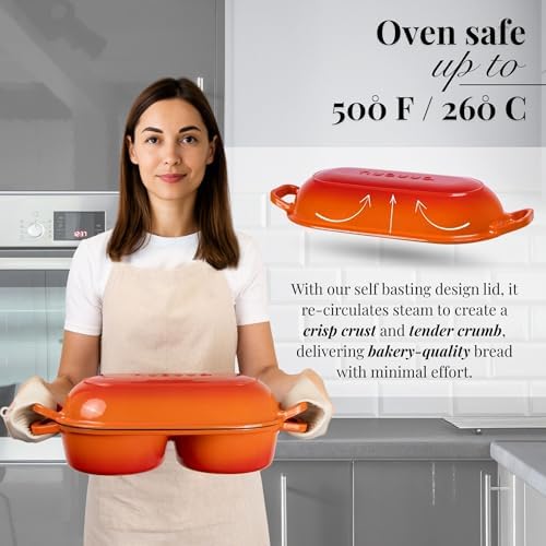 Dutch Oven For Sourdough Bread Baking – Enamelled Cast Iron Bread Loaf Pot – 500°F Oven Safe Non Stick Bread Pot – Double Round Loaf Space, 16.5cm Diameter, Orange, – by Nuovva - Image 3