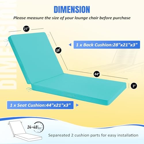 Basic Beyond Chaise Lounge Cushions Outdoor, 3-Layer Waterproof Outdoor Furniture Cushions with Removable Cover and 4 Ties, 72"x21"x3" Patio Lounge Chair Cushions for Outdoor Furniture, Teal - Image 4