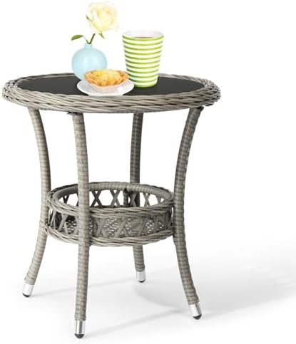 VINGLI Outdoor Wicker Side Table, Patio Side Tables for Outside Tempered Glass Top Wicker Table with Storage End Table for Balcony Porch Deck (Grey) by VINGLI