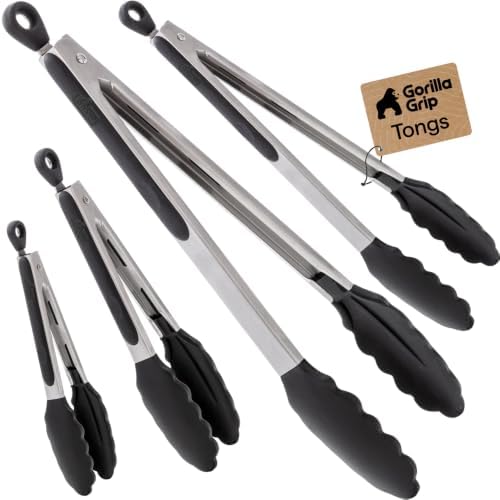 GORILLA GRIP Stainless Steel Kitchen Tongs for Cooking, 2 PK, Black by GorillaGrip