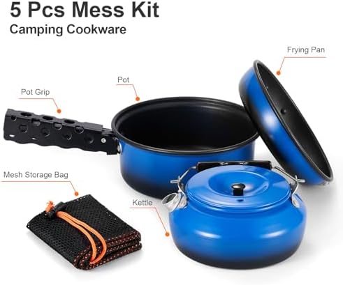 Odoland 5pcs Camping Cookware Non-Stick Camping Pot and Pan Set with Kettle and Removable Handle for Hiking Backpacking and Picnic - Image 4