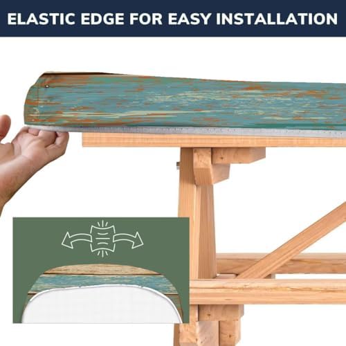 CAPSCEOLL Picnic Table Cover with Bench Covers 5ft - Blue Brown Wood - Image 4
