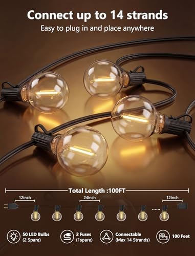 100FT G40 LED Outdoor String Lights, Patio Globe Lights with 52 Shatterproof LED Bulbs, Waterproof Dimmable Hanging Lights, Connectable Black Wire Bistro Lights for Backyard Porch Garden Party Café - Image 2
