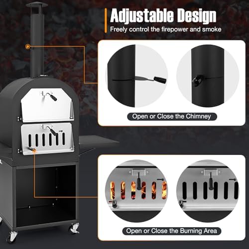 LDAILY Outdoor Pizza Oven, Wood Fired Pizza Maker with Side Shelves, Cooking Grids, Cover, Pizza Stone & Peel, Patio Portable Pizza Stove for Backyard, Camping & Party, Black - Image 5