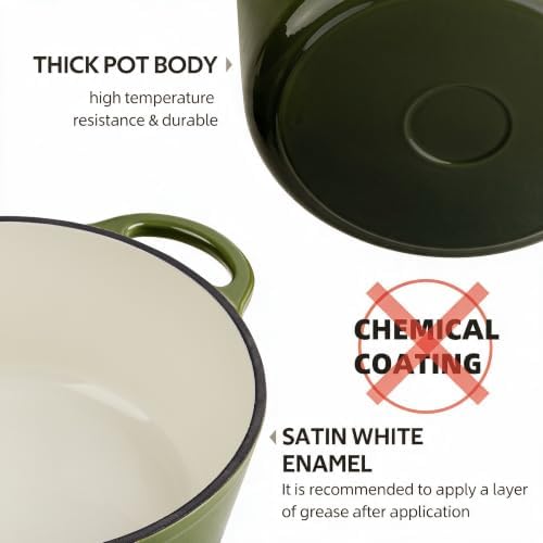 Dutch Oven Enameled Cast Iron with Lid - Big Dual Handles - Oven Safe up to 500°F - Classic Round Pot for Versatile Cooking 3 QT Deep Pot Golden Green - Image 6