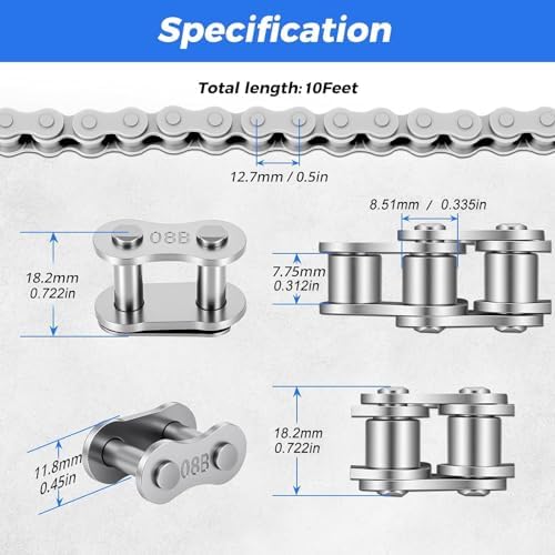 428 Roller Chain 10 Feet 169 Links, 08B Simplex Roller Chain for Chain Driven Sliding Gate Garage Openers, Extension 08B Metric Standard 428#, Includes Chain Breaker and 12 Connecting Links - Image 3