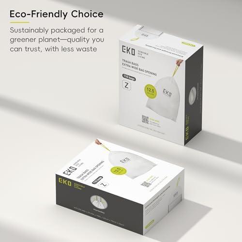 EKO 12.5 Gallon / 40-60 Liter, 110 Count Drawstring Trash Bags, Extra-Strong Garbage Bags, Unscented, Leak-Resistant, Easy-Dispense Roll for Kitchen & Household Use, Code Z, White - Image 5