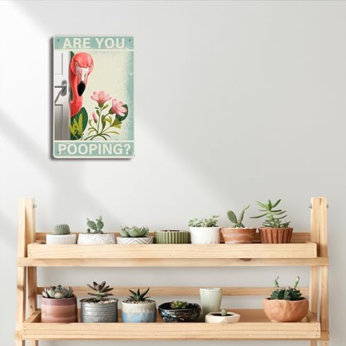 BEASTZHENG Metal Tin Sign Vintage Flamingo Metal Sign, Funny Bathroom Wall Art with "Are You Pooping?" 8x12 Inches Quote, Unique Tropical Farmhouse Decor for Flamingo Lovers - Image 6