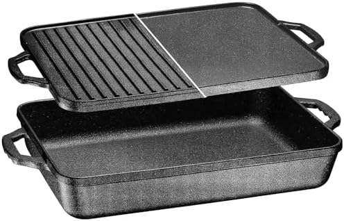 Bruntmor 3-In-1 Pre-Seasoned Cast Iron Pan with Reversible Grill Griddle Lid - 17.8"x11"x3.3" Non-Stick Multi Cooker Deep Roasting Grill Pan - Dutch Oven, Frying or Roasting Pan for Open Fire Camping by Bruntmor