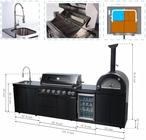 122'' LPG Outdoor Kitchen Island with Grill & Pizza Oven, 6 Burners, Black - Image 2